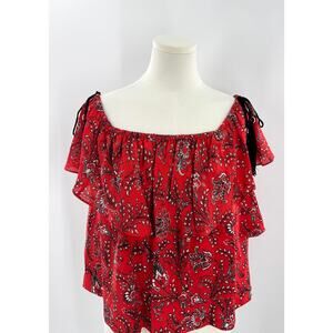 Cinq a Sept Kahila Red 100% Silk Floral Ruffle Top Off the Shoulder Blouse M
